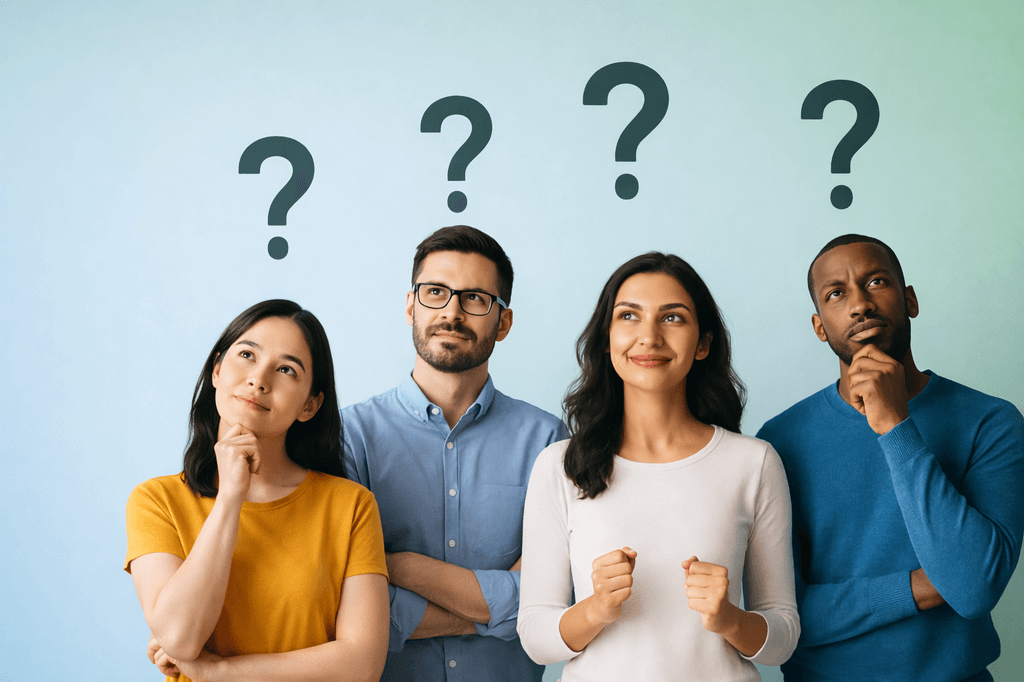 FAQs & Help 1 Four diverse adults looking up with question marks above their heads, symbolizing curiosity and reflection about personal development and goals.