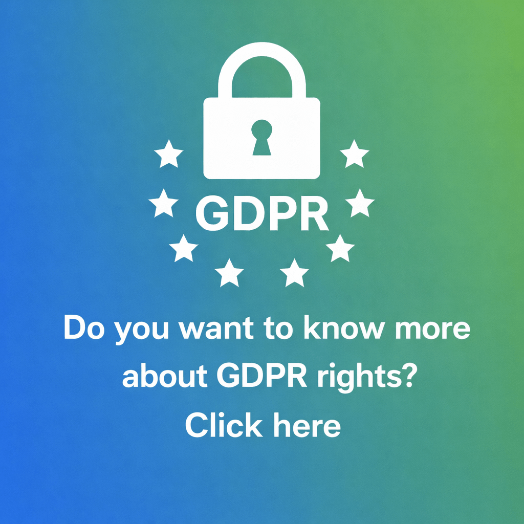 Informational graphic with a padlock surrounded by stars and text asking if the user wants to know more about GDPR rights