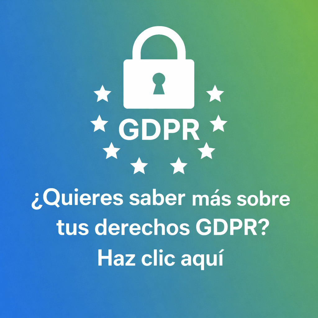 Gráfico informativo con un candado rodeado de estrellas y texto que pregunta si el usuario quiere saber más sobre los derechos GDPR
