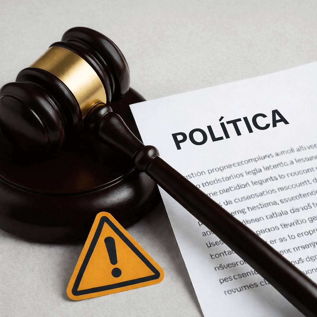Información legal y políticas 1 Documento de política con mazo de juez y triángulo de advertencia