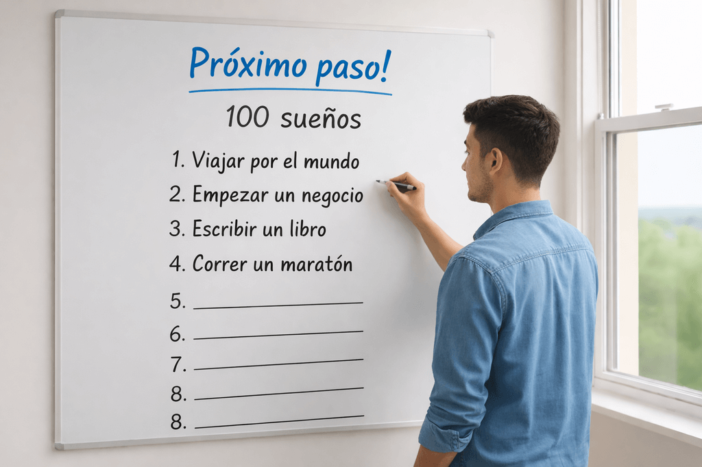 Acerca de 4 Joven de pie frente a una pizarra blanca con “¡Siguiente paso! 100 sueños” escrito, con metas como viajar, emprender, escribir un libro y correr un maratón, y líneas vacías debajo.
