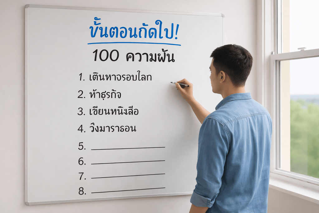 ชายหนุ่มยืนหน้ากระดานไวท์บอร์ดที่เขียนว่า “ขั้นตอนถัดไป! 100 ความฝัน” พร้อมรายการเป้าหมายเช่น เดินทาง ทำธุรกิจ เขียนหนังสือ และวิ่งมาราธอน โดยมีบรรทัดว่างด้านล่าง