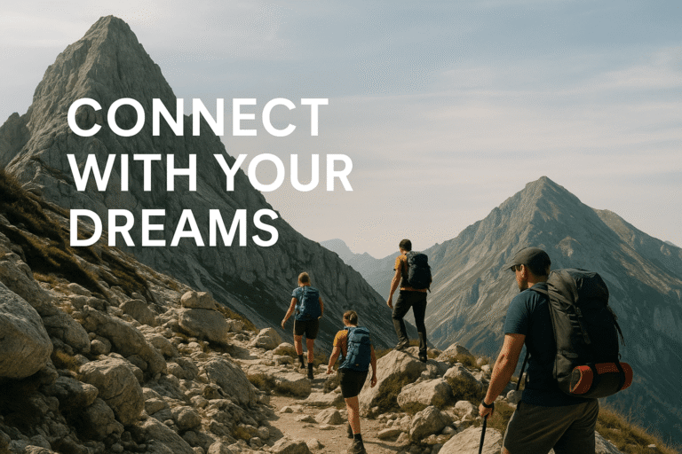 Group of hikers walking along a mountain trail with backpacks