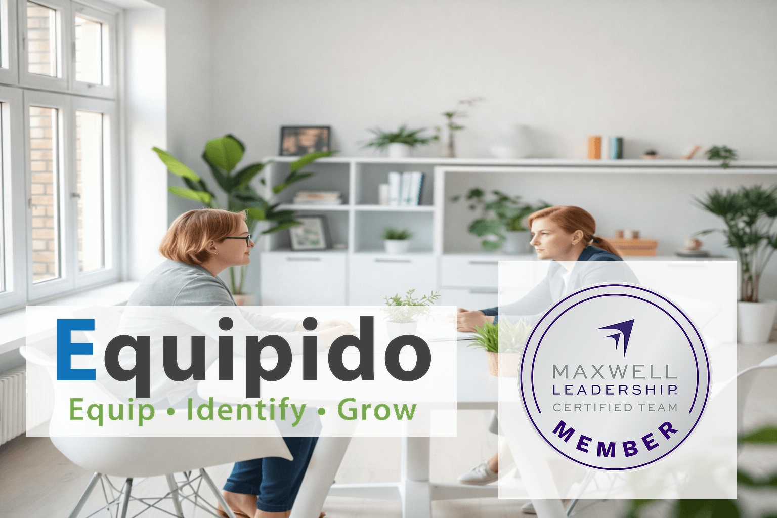 About 1 Two people in a conversation at a bright workspace with the Equipido logo and certification badge