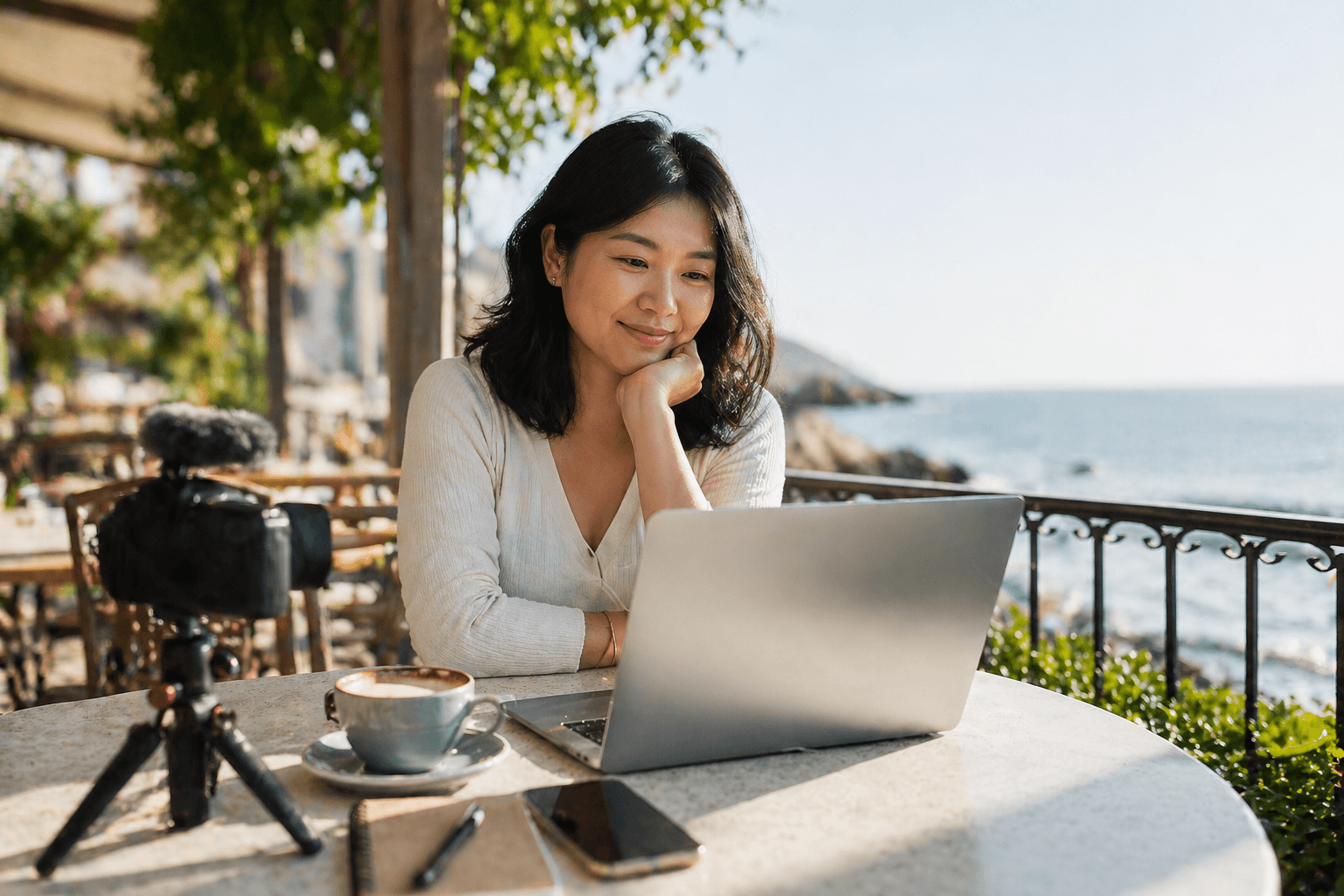 Asian woman sitting at a seaside café with a laptop and camera, reflecting on video creation and the courage to be visible online.