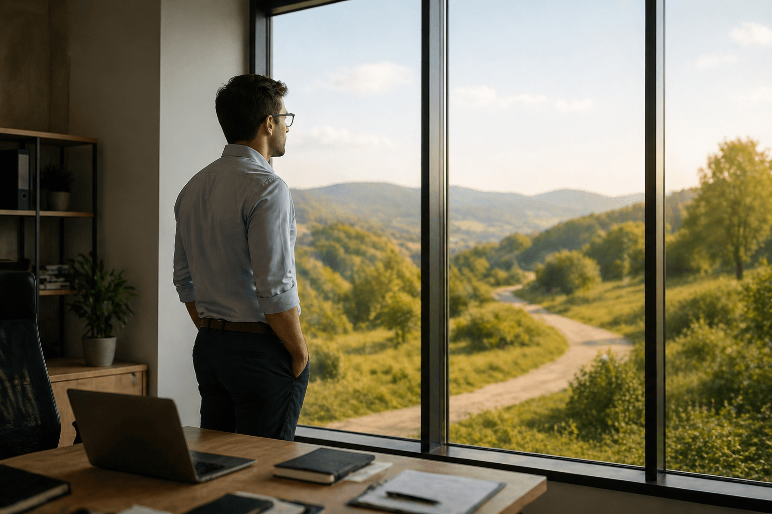Man standing in an office looking out through a large window toward a bright open path through green hills, symbolizing the hidden danger of staying in the comfort zone.
