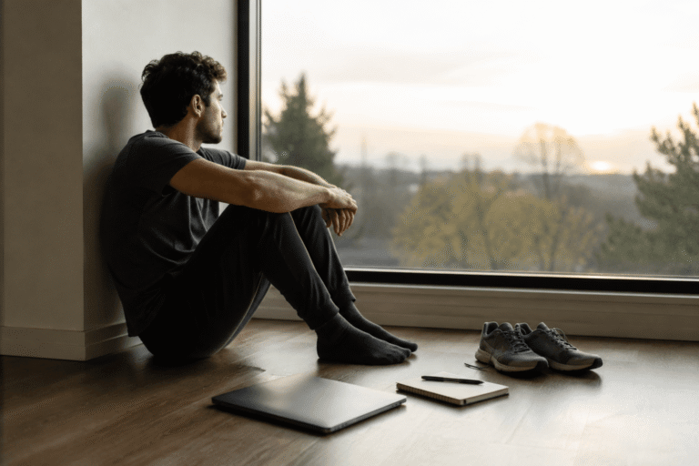 Un hombre está sentado tranquilamente en el suelo junto a una gran ventana, mirando hacia afuera, con un portátil cerrado, un cuaderno y unas zapatillas cerca, reflejando un momento de desmotivación y reflexión personal.