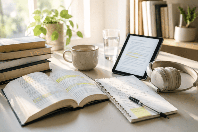 An open highlighted book, notebook, e-reader, headphones, and study notes on a bright desk, symbolizing books as tools for learning and personal growth.