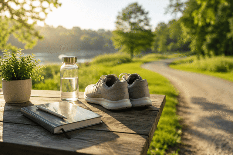 Alternative Text: Walking shoes, a journal, and water on a wooden table beside a sunlit path, symbolizing daily habits and personal growth.