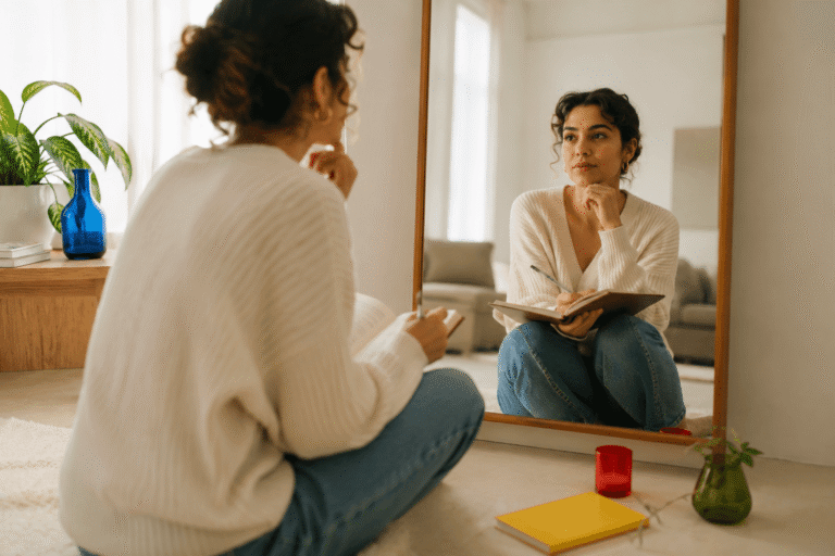 ผู้หญิงกำลังเขียนบันทึกหน้ากระจก สะท้อนถึงการรู้จักตนเองและการเข้าใจตัวเองก่อน