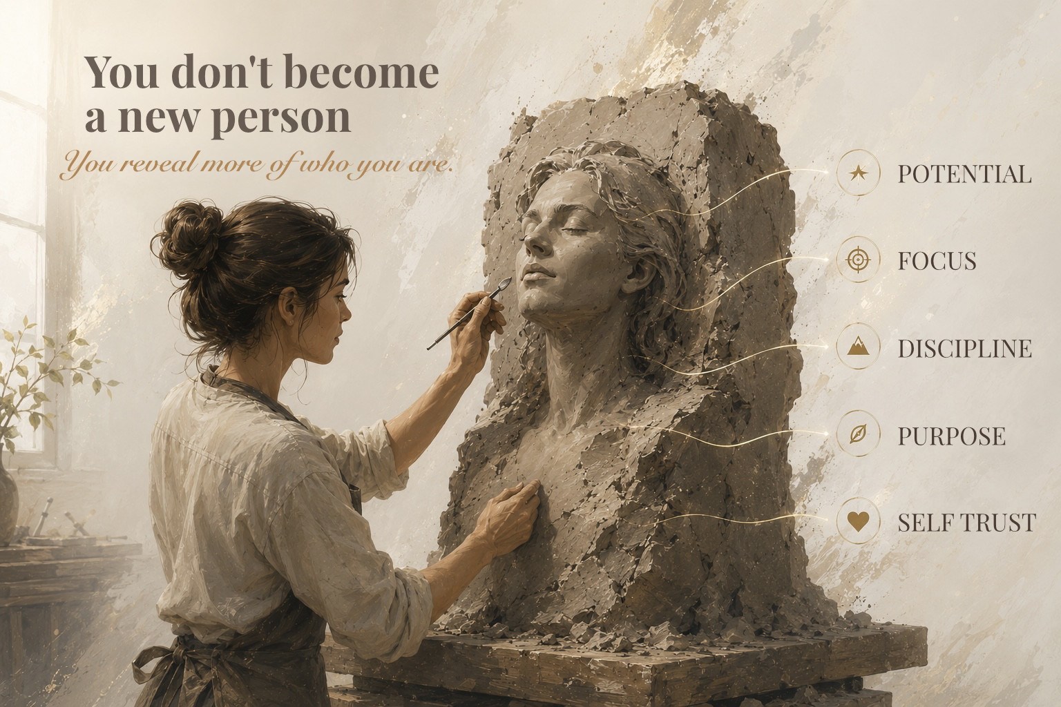 A sculptor shapes a human figure from clay beside the message “You don’t become a new person. You reveal more of who you are,” highlighting potential, focus, discipline, purpose, and self-trust.