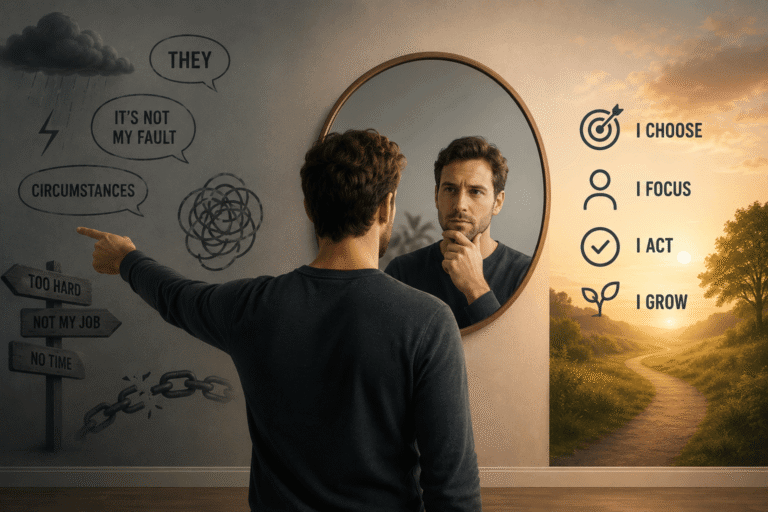 Man moving from blame and excuses toward self-reflection and personal responsibility.