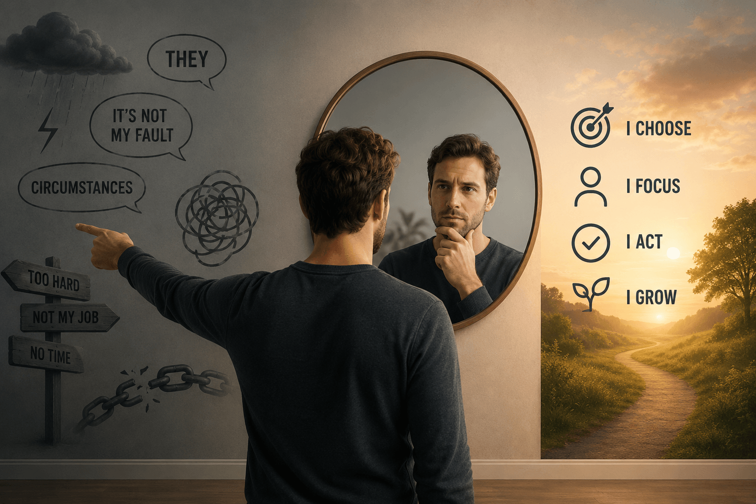 Man moving from blame and excuses toward self-reflection and personal responsibility.