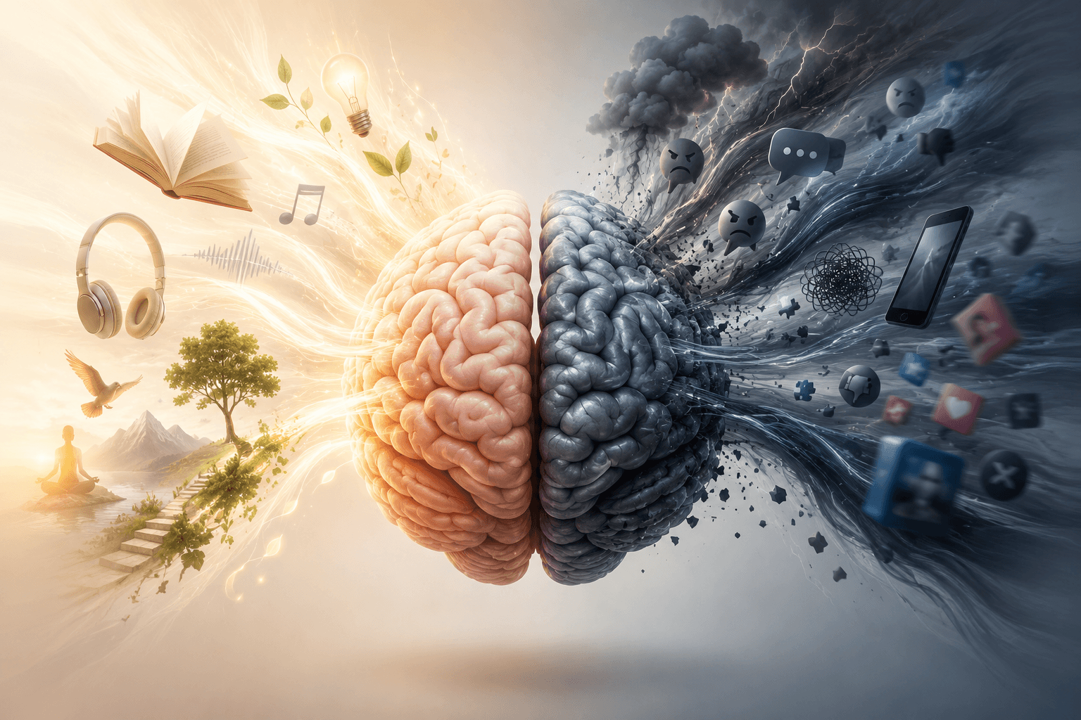 Human brain divided between positive growth and negative digital noise, illustrating how your mental diet shapes your future.