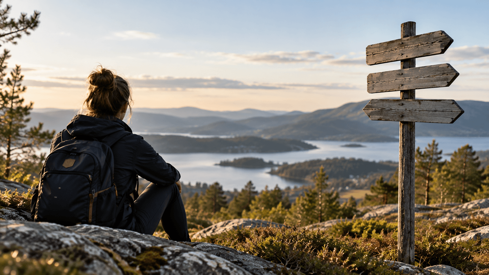 A hiker looking across a lake and hills, reflecting on choices and direction.